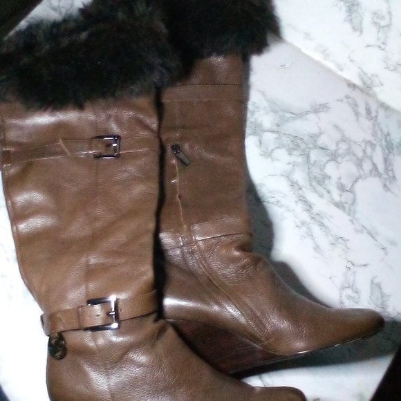 *SOLD*  Michael Kors Knee High Boots Clara Wedge Tumbled Leather Mocha Brown 8.5 - Picture 2 of 16